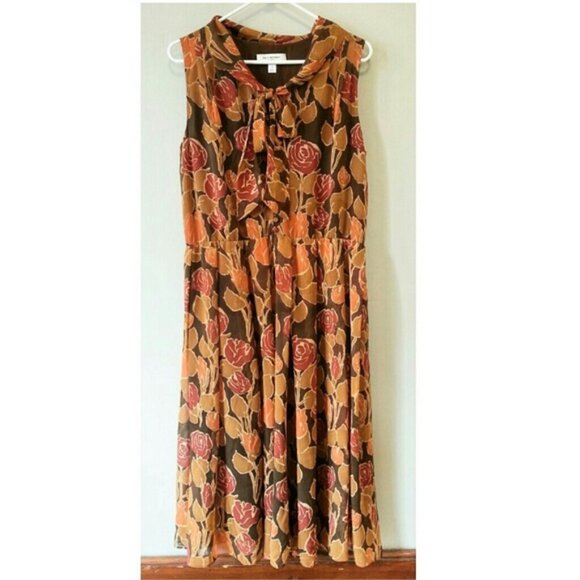 Isaac Mizrahi for Target Brown Scarf Tie Neck Rose Floral  Midi Dress16 EUC - Picture 1 of 3